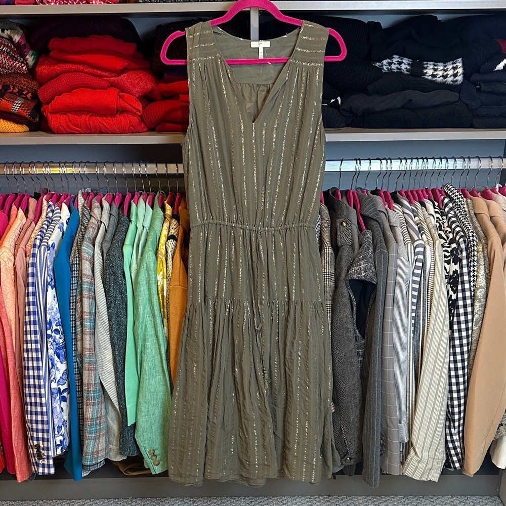 Joie olive with metallic thread sleeveless v neck midi dress size M NWOT